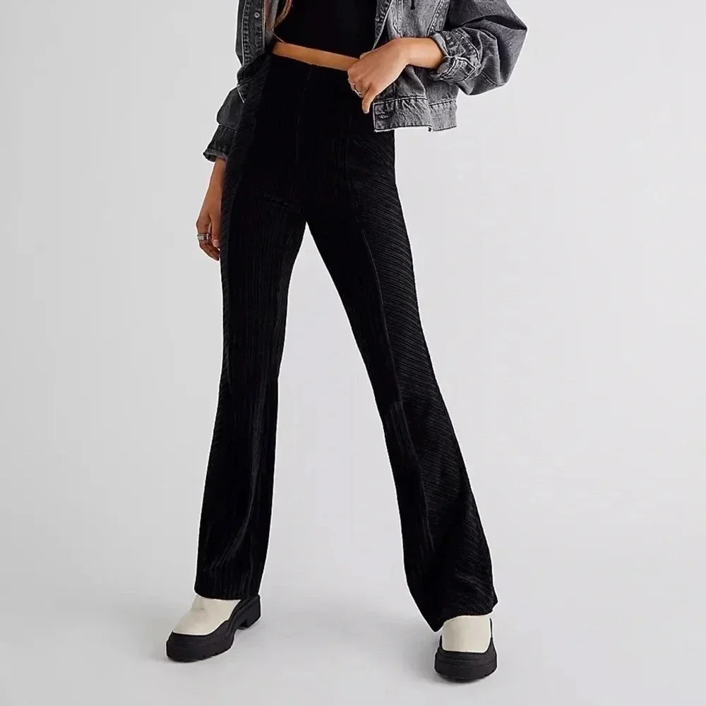New Free People Slim Pull-On Velvet Flare Pants Black Xs